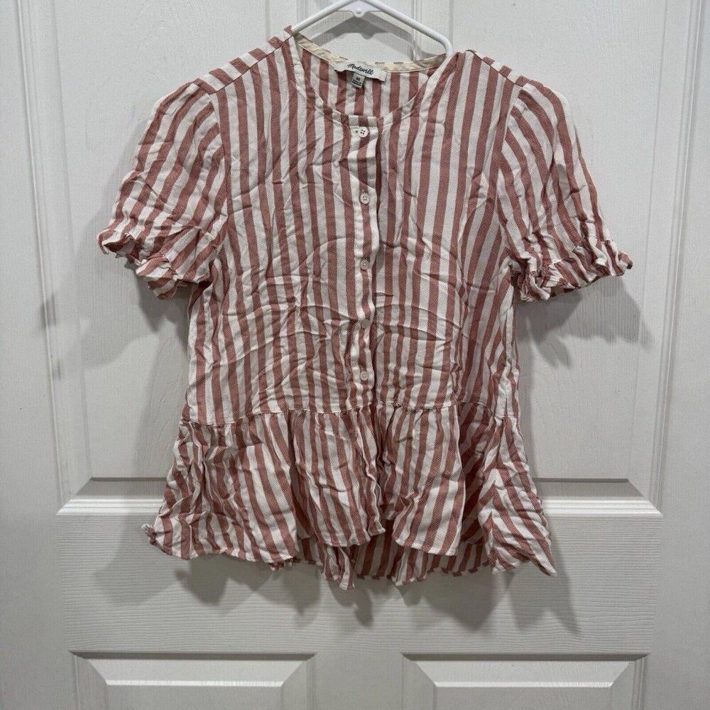 Madewell Studio Ruffle-Hem Top in Cecilia Stripe‎ Size Xs Peplum Buttons Viscose - Picture 2 of 9